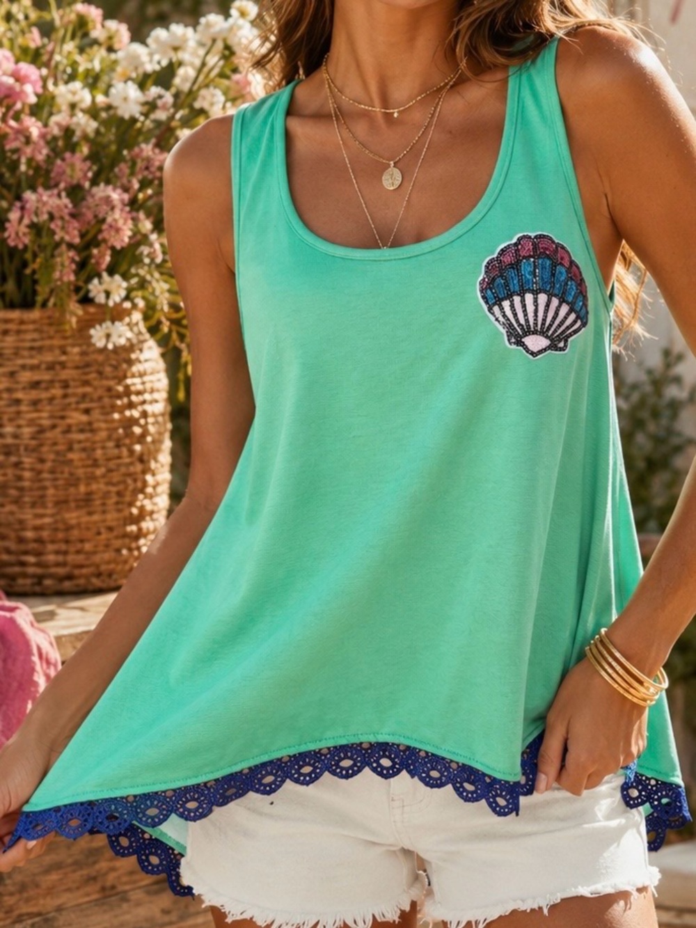 Judith March Boho Mint Green Southern Seashell Patch Chic Swing Tank Top Large